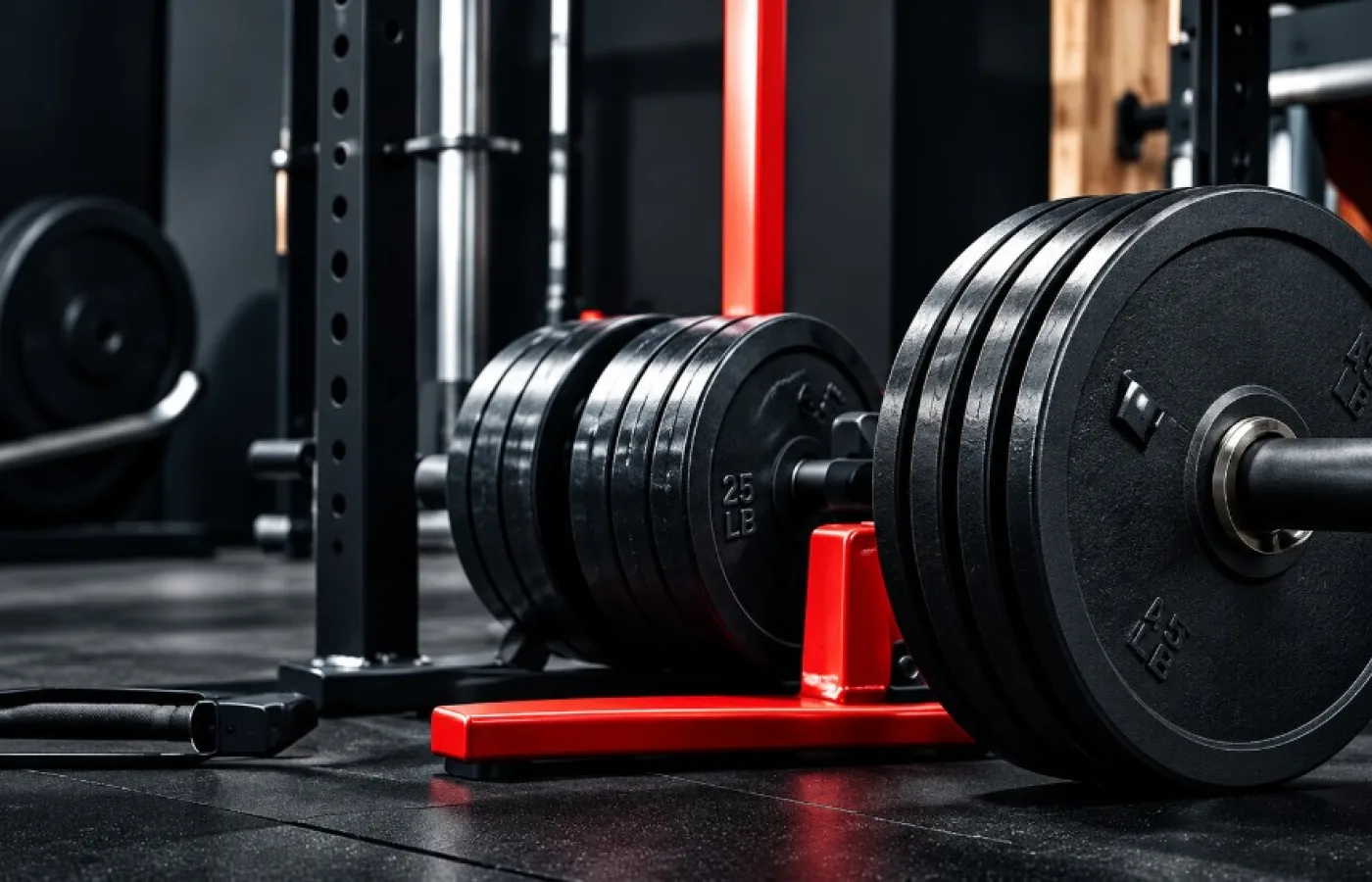 Loaded barbell on a red rack